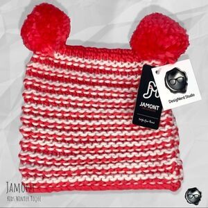 KIDS DOUBLE-POM NORDIC BEANIE IN RED-ORANGE & WHITE STRIPE WINTER SKI HAT YOUTH